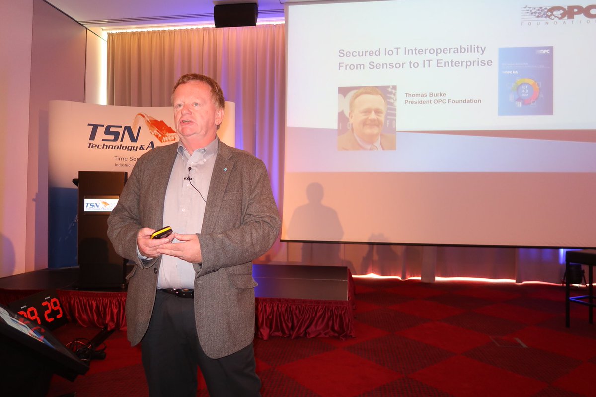 News from #TSNA18: will the Fieldbus-Battle find an end? The representatives from Ethernet/IP, Ethercat, Sercos, Profinet, Powerlink are discussing about #TSN and #OPCUA  with H. Munz(Kuka) ...and Tom Burke, President OPC Foundation, says: „there will be a big announcement soon!“