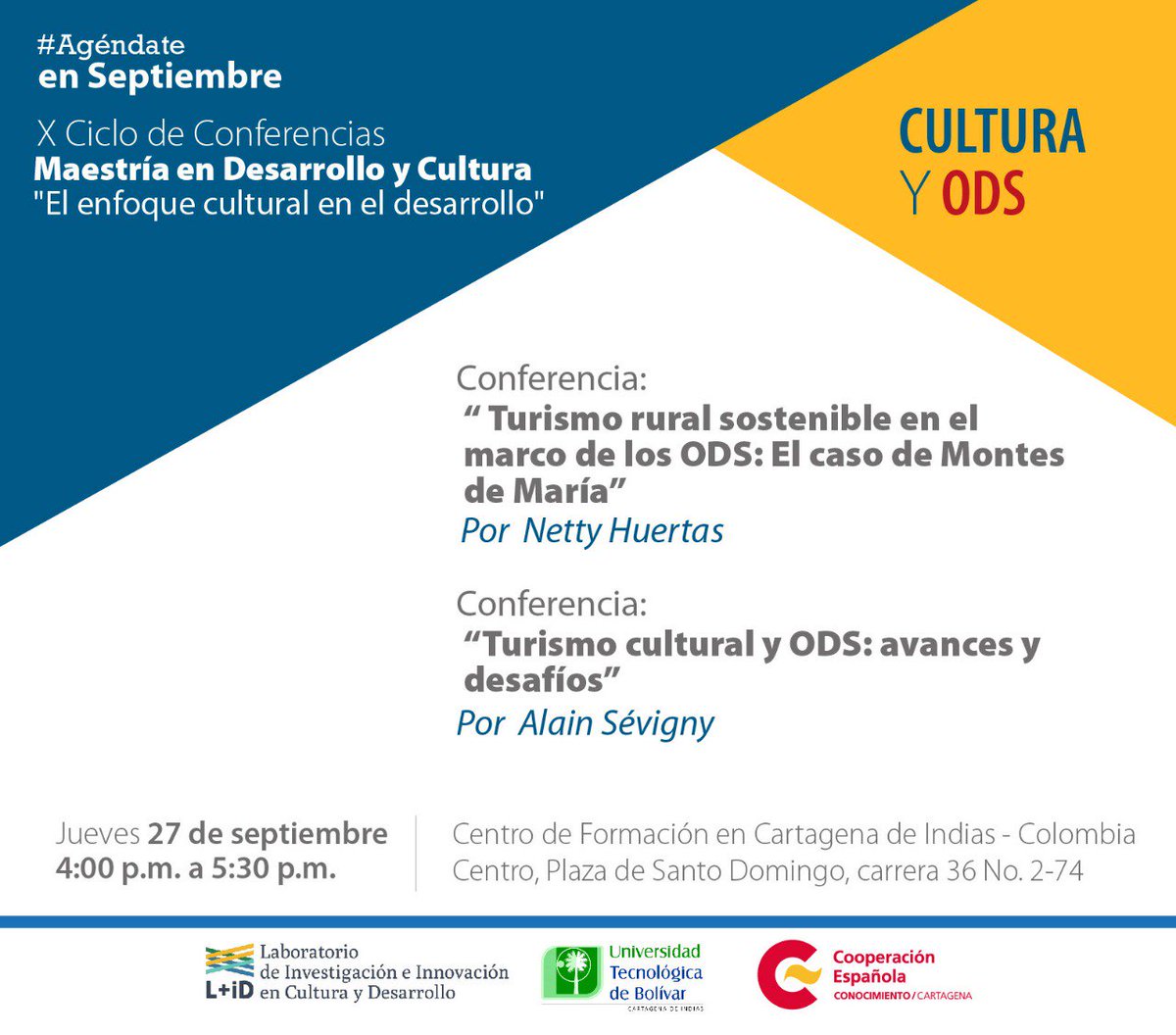 💡¡Recuerda!
Hoy en el <a href="/CFCECartagena/">CFCE Cartagena</a> hablaremos de turismo rural sostenible, cultura y ODS con Alain Sévigny y Netty Huertas en el marco del X Ciclo de conferencias 'El enfoque cultural del desarrollo' de <a href="/laboratorio_lid/">Lab Dllo & Cultura</a> Te esperamosa las 4:00 p.m. ⌚️
#CulturaEsDesarrollo