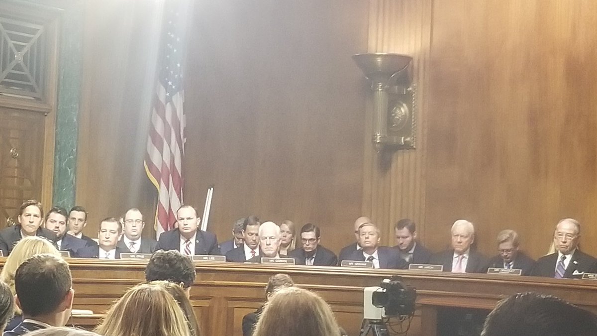 Truth08168336's tweet photo. Here was her view while she testified. This is who she looked at. These are the same men she has listened to, on national TV, discredit her allegations prior to today.

Brave.
#KavanaughHearings https://t.co/j1AXJkeAGz
