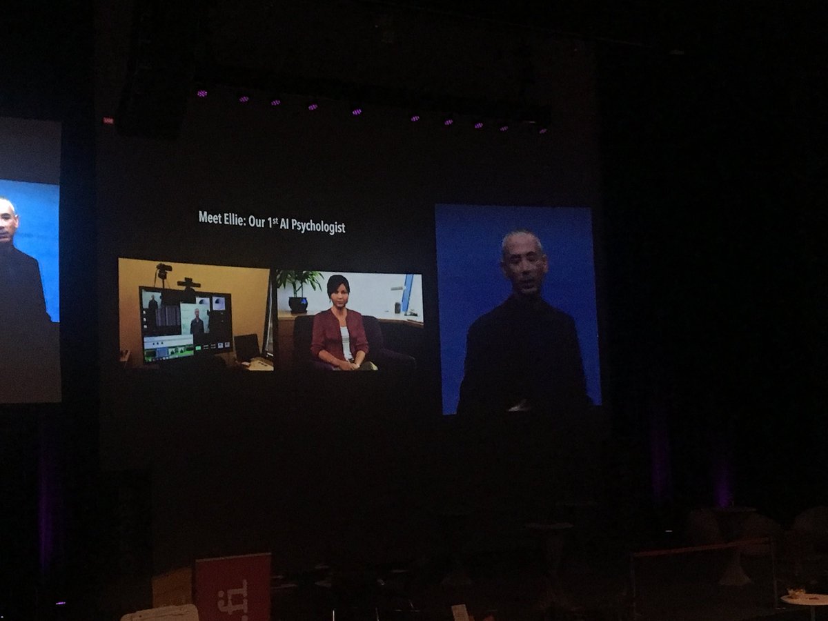 susalminen's tweet photo. #NBForum2018 Steven Kotler, mielenkiintoinen puheenvuoro! Nostoja.. miltä tuntuisi puhua AI-psykologi Ellielle? Hän pystyy tekemään 80 % luotettavamman diagnoosin. Hänelle voi olla helpompi puhua, koska hän ei tuomitse tai arvostele. #tulevaisuus #IA #IOT #NBF https://t.co/6mWgNHFTw1