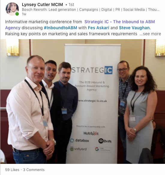 strategicabm's tweet photo. Congratulations to Lynsey Cutler from @BoschRexroth, the winner of our #InboundtoABM competition - a night for two at St Martin's Lane Hotel, London! Don't miss our next event ‘Top Trends Disrupting Sales’ in partnership with @Vidyard on 10th October: https://t.co/Fm6zmuIoGV https://t.co/abcsDTOIfj