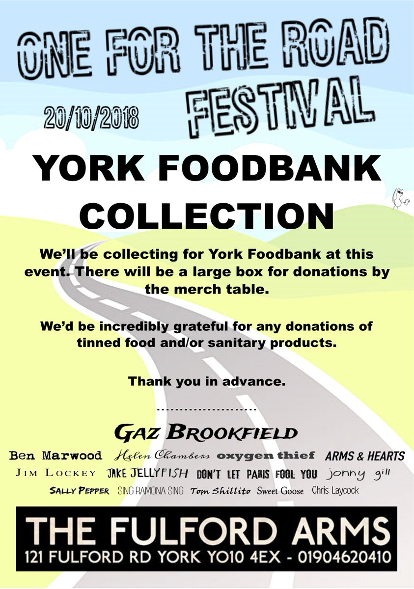 1fortheroaddiy's tweet photo. At our gig next month with @GazBrookfield, @benmarwoodmusic, @oxygenthiefYEAH, @jakeandthejfish, @Armsandhearts1 et al, we've decide to do a collection for @YorkFoodbank. We'd be super grateful if you could bring along some tinned/dried food to donate. Please spread the word! https://t.co/CEf78T5WVN