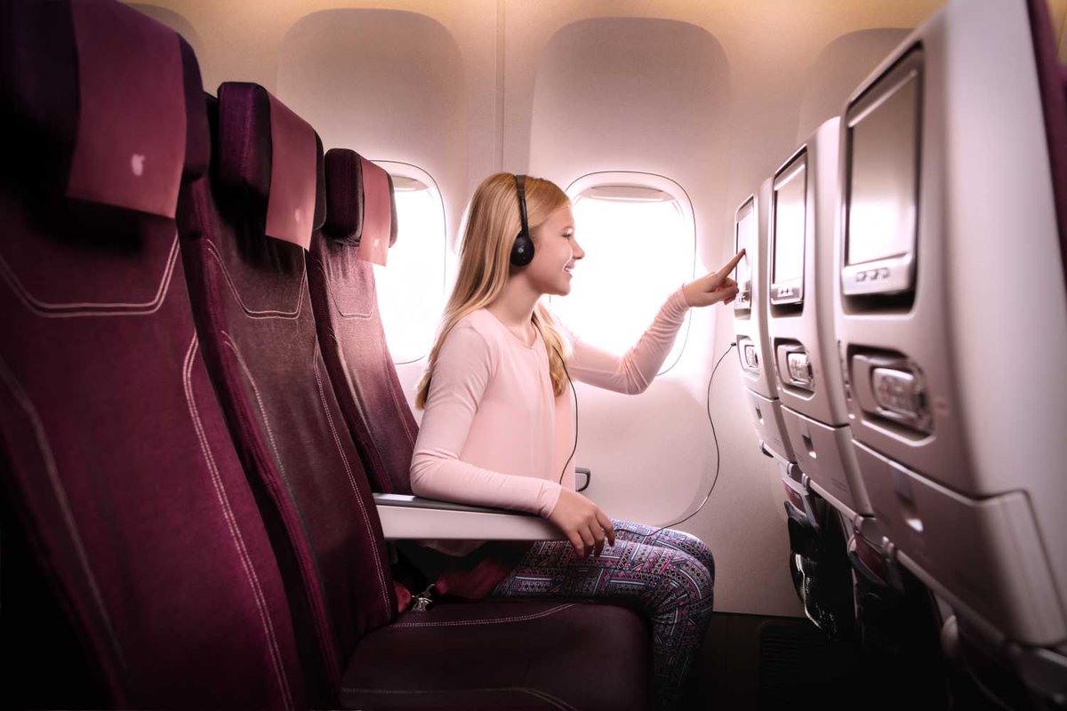 qatarairways's tweet photo. Watch the latest blockbusters, TV series and sporting events – all from the comfort of your seat. #OryxOne #QatarAirways https://t.co/ZIfX0QzlRa