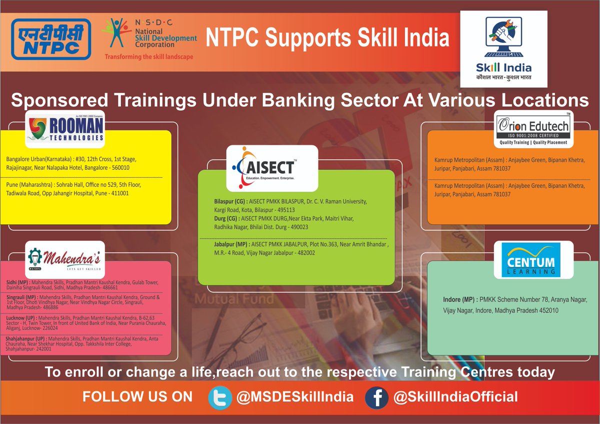 MSDESkillIndia's tweet photo. #NTPC supports #SkillIndia mission. Sponsoring training across India in the BFSI sector, under their #CSR initiative in collaboration with @NSDCINDIA. #CSR4SkillInida @BFSI_SSC @MinOfPower https://t.co/qLNXX8nE6c