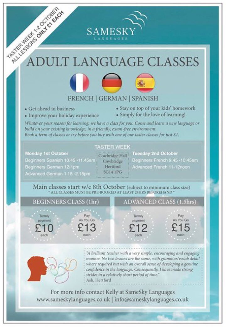 Looking forward to our brand new Adult Language classes starting in #Hertford. £1 taster classes in French, German & Spanish on the 1st & 2nd Oct. Email us to book a place or for more details. #itsnevertoolatetolearn #lookafteryourbrain