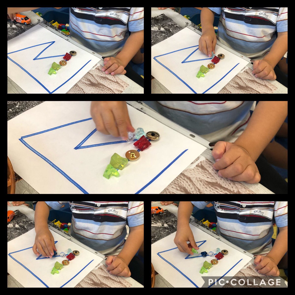 TheMikeMohammed's tweet photo. JK/SK S @HHJPS_JAGLA counting out gems one by one as he places them down. I pointed to a few gems that were placed earlier &amp; he was able to tell me the count from the start to that gem @LC2_TDSB @EarlyYearsTDSB @kgfalcon @lstrangway @tdsb_helen #math #countingprinciples https://t.co/7WQhFoSK6w