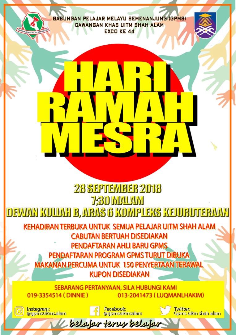 GPMSUITMSALAM's tweet photo. Program Hari Ramah Mesra (HRM) anjuran GPMS bersama HEP merupakan program yg diadakan untk memperkenalkan serta mempromosikan program2 anjuran GPMS dan sbgi pendekatan GPMS untk mengenali mahasiswa UiTM Shah Alam, 1 hari sahaja lagi #GPMSUiTMSHAHALAM #HRM2018 https://t.co/UL2FPqpXC9