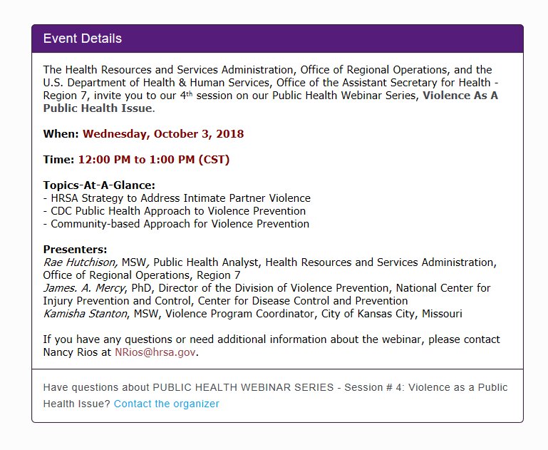 MidwesternPHTC's tweet photo. The 4th session of Public Health Webinar Series, Violence As A Public Health Issue on Wednesday, October 3, 2018 at 12:00 PM to 1:00 PM (CST). 
To register go to https://t.co/j5DvzuiT75. https://t.co/OKHppKq1k0