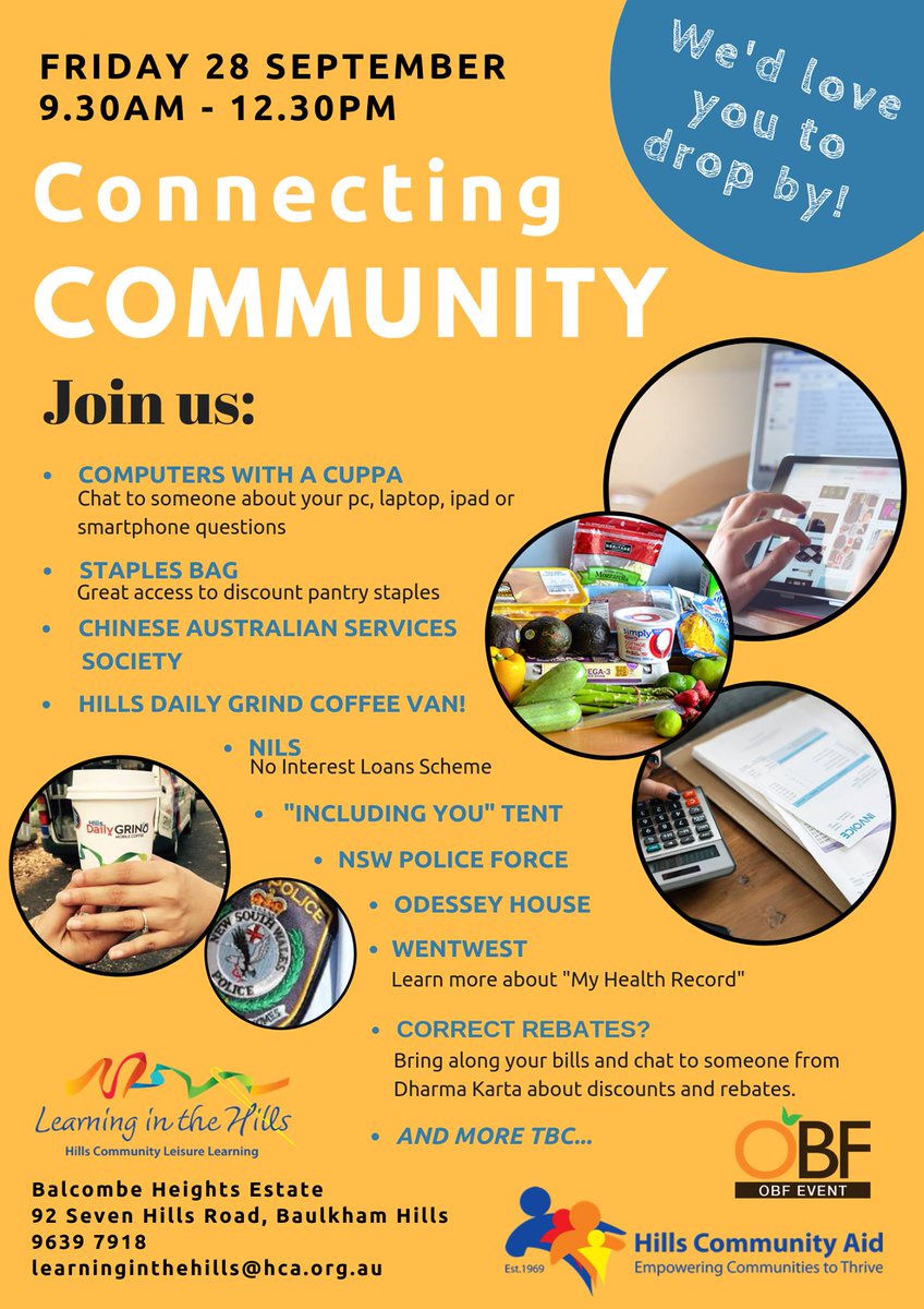 HillsCommAid's tweet photo. #REMINDER Don't forget to bring your electricity, gas and phone bills tomorrow to ensure you are receiving the correct rebates. #SupportingLocalCommunity #obf2018 https://t.co/pKIfXeZhup