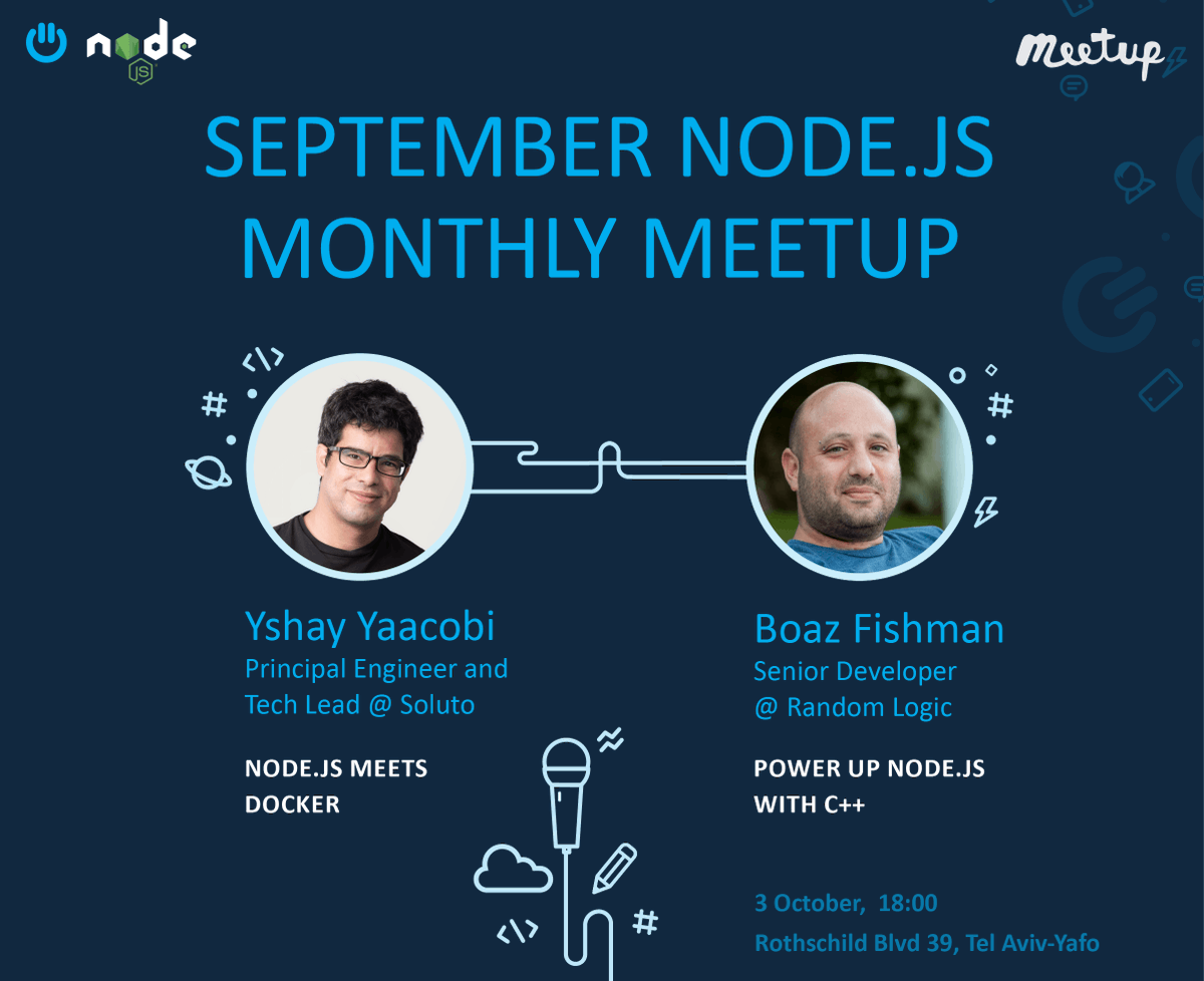 SolutoEng's tweet photo. Next week we'll be hosting the #NodeJS monthly #Meetup at Soluto. This time @Yshayy will show us what happens when Node.js meets #Docker and Boaz Fishman is going to demonstrate how to power up Node.js with C++. RSVP here:  
https://t.co/aEE82h3YqV https://t.co/bLIwgLlEkv