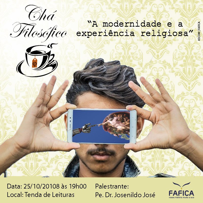 O curso de Filosofia realizará no dia 25/10 às 19h na Tenda de Leituras mais uma edição do Chá Filosófico. Com o tema: "a modernidade e a experiência religiosa", o padre Dr. Josenildo José é o palestrante convidado.
#FAFICA #NossaHistóriaMudaaSua #Caruaru #CháFilosófico