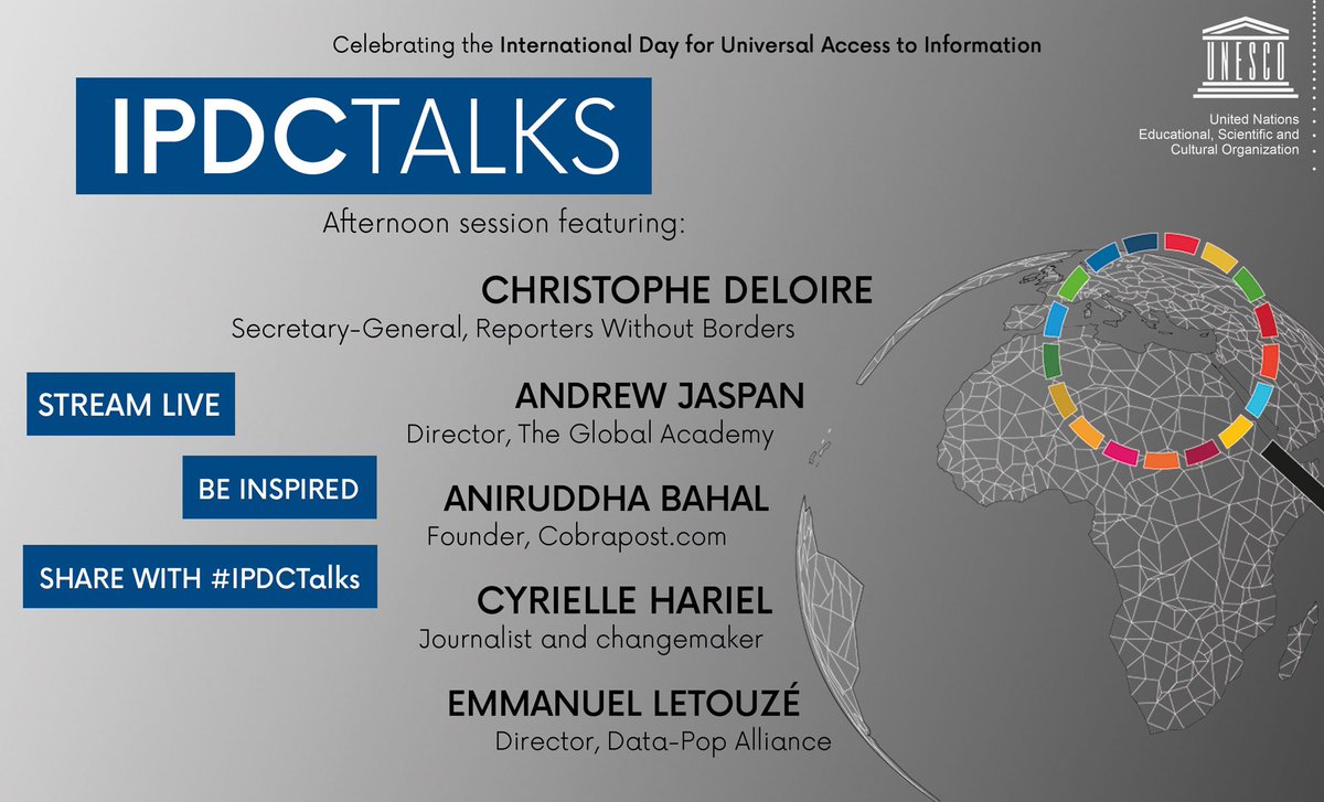 UNESCO's tweet image. LIVE: Watch the afternoon session of #IPDCtalks!

We’ve already had such interesting discussions about #AccessToInfo both live and on IPDCtalks.

Follow @UNESCOnow for live tweets and join in with #IPDCtalks.

📺  unesco-ipdctalks.org