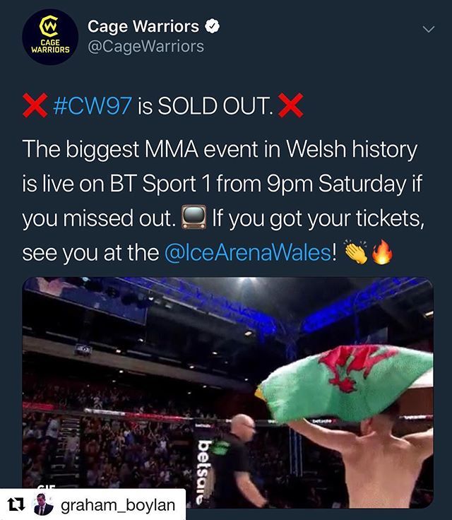 JoshPalmerSays's tweet photo. It’s going to be a big one! Headed out to Cardiff for @cagewarriors 97 this afternoon from PHL. Who’s going to get the @isosportnow #moveofthenight This time around?!
.
.
#Repost @graham_boylan with @get_repost
・・・
Done ✅ SOLD OUT . 👀 ✅ #soldouta… https://t.co/Vrtfp370dz https://t.co/wKafRT8VG3