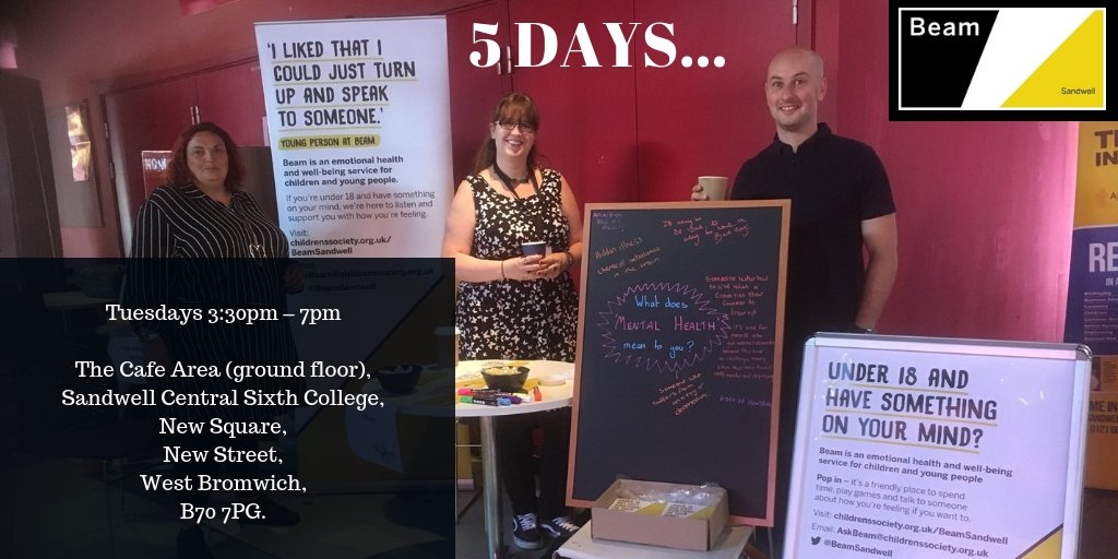 Guess how many days until we launch our brand new Tuesday drop in at @sandwellcoll's @centralsixth campus...

Any young person between 5-18 with something on their mind is welcome to pop in and have a chat at this or any of our other three drop ins!