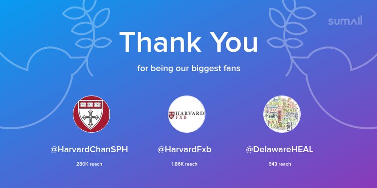 Our biggest fans this week: <a href="/HarvardChanSPH/">Harvard T.H. Chan School of Public Health</a>, @HarvardFxb, @DelawareHEAL. Thank you! via sumall.com/thankyou?utm_s…