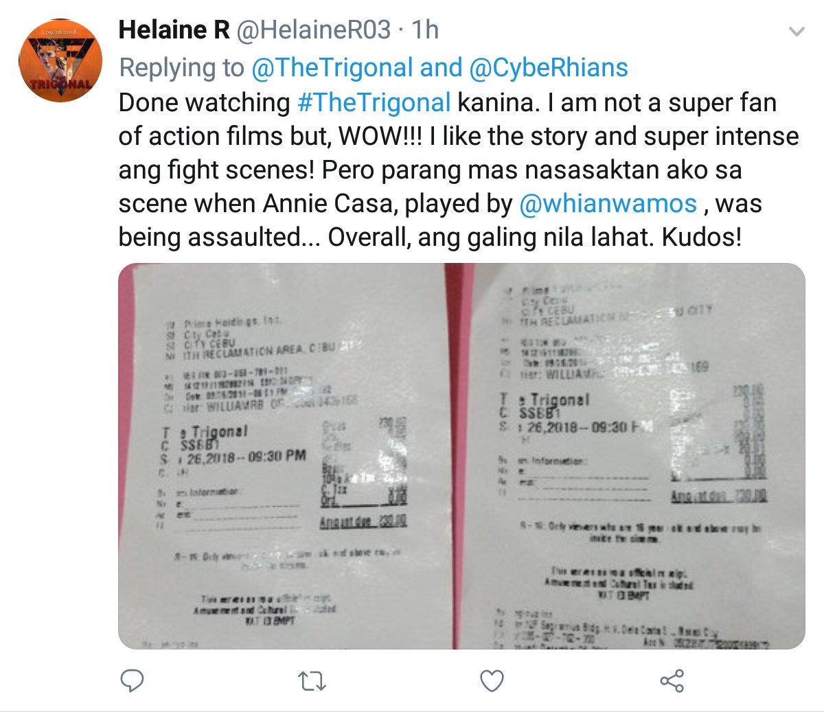 TheTrigonal's tweet photo. Even those who are not a fan of action films are amazed by #TheTrigonal!#TheTrigonalNowShowing. Thank you for watching, @HelaineR03! https://t.co/QzDqi8M82K