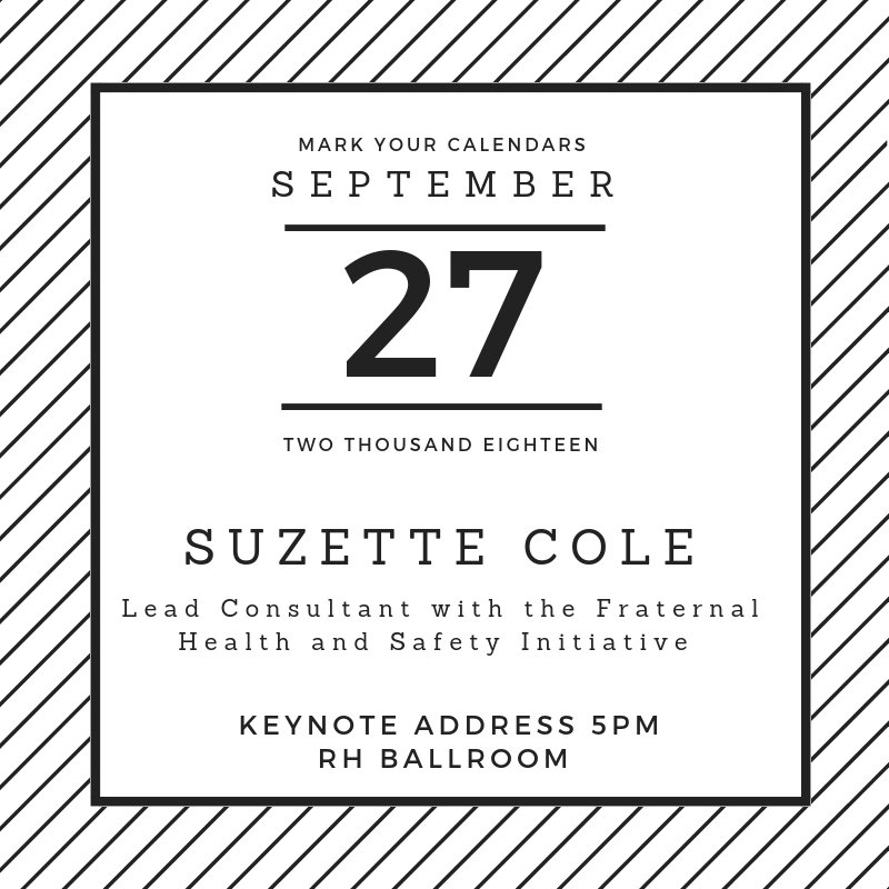 We're excited to have <a href="/SWCSpeaks/">Dr. Suzette Walden Cole</a> on campus today! Be sure to check out her keynote tonight at 5 p.m. in the RH ballroom. <a href="/CAMPUSPEAK/">CAMPUSPEAK</a> <a href="/StopHazing/">StopHazing</a> <a href="/PreventHazing/">Hazing Prevention Network</a> #NationalHazingPreventionWeek #nhpw #NHPW18
