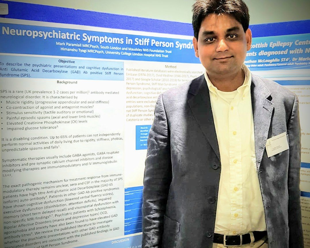 himanshutyagi's tweet photo. #StiffPersonSyndrome needs more awareness amongst general psychiatrists. @MaudsleyNHS SpR Mark Paramlall used his #neuropsychiatry special interest sessions with us at #NHNN to comprehensively review it. Below is him presenting his work at @rcpsych #NeuroConf this month @neurolib https://t.co/54a8Mcdt3m