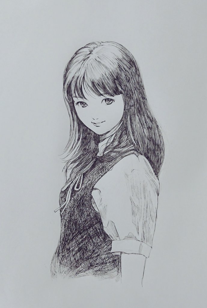 Idein A Twitter Fearless Smile フリクションボール ボールペンアート 人物画 イラスト 手描き 少女 漫画 制服 女子高生