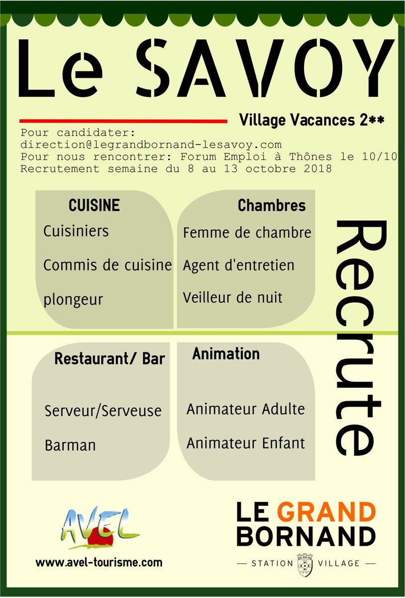 AvelTourisme's tweet photo. #LESAVOY recrute au #GRANDBORNAND . #VillageVacances #Ternelia postes #Saisonniers pour l' #HIVER1819 
#Mongrandbo #LaClusaz #Annecy #Manigod https://t.co/1bjkR4Ty1E