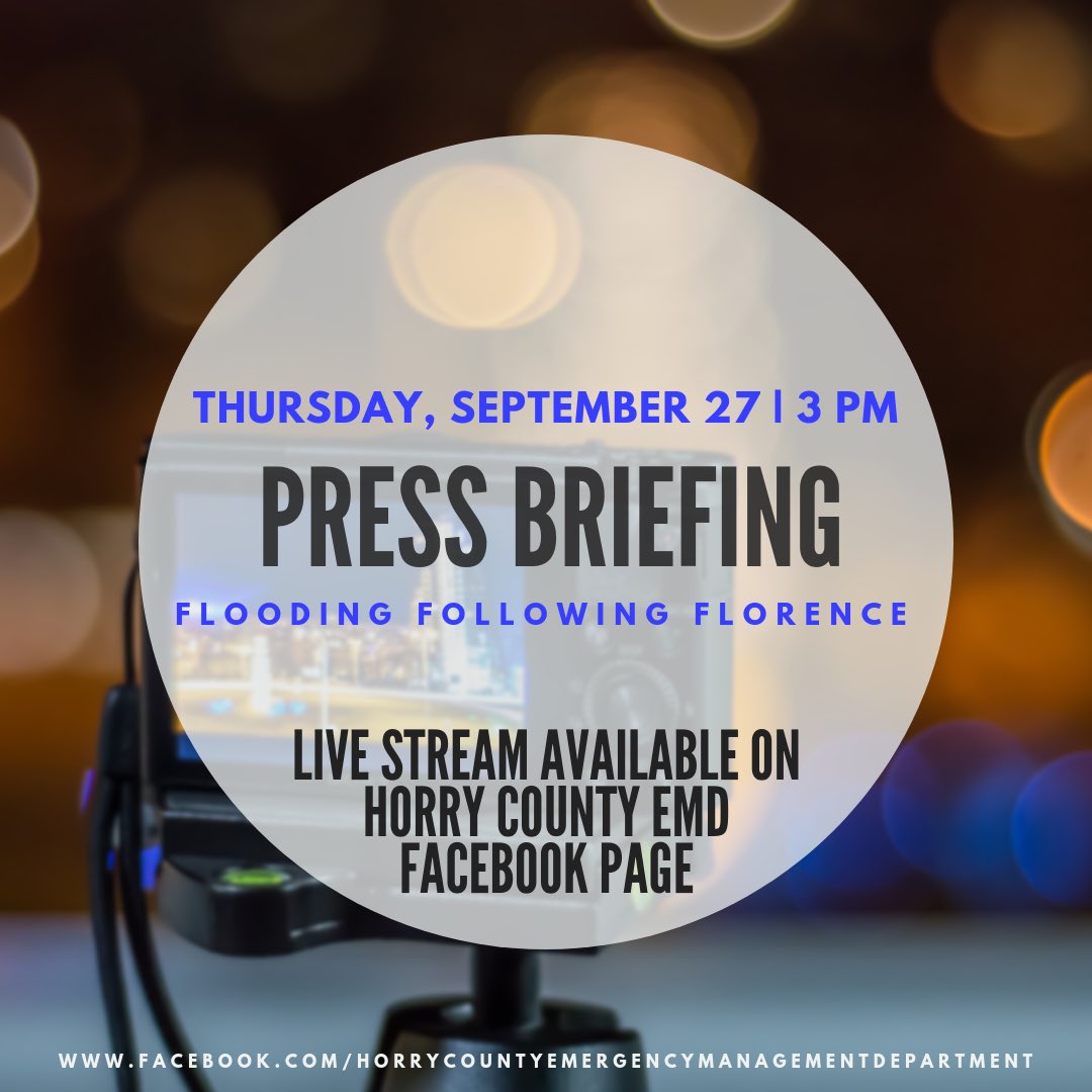 HorryEMD's tweet photo. Set a Reminder to tune in on Facebook Live at 3 pm today for a press briefing and update on Flooding following Florence.
.
Please spread the word and SHARE https://t.co/FFiENZNDAP