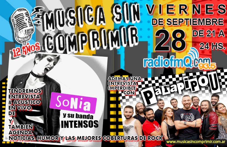 Llega el #VierRRRrrrnes💪 y se viene un nuevo #MúsicaSinComprimir por <a href="/radiofmq/">Radio FMQ</a> 93.5 Mhz 📻🎶#MañanaAAA de 21a24 hs. <a href="/sonianimal/">sonia chammah</a> &amp; sus INTENSOS acústico + entrevista a los <a href="/Parapipou/">Parapipou</a> + cobertura de <a href="/MilongaExtrema/">Milongas Extremas</a> 
#Noticias, #Agenda, #Música, #Humor y una noche a puro #rock! 🤘