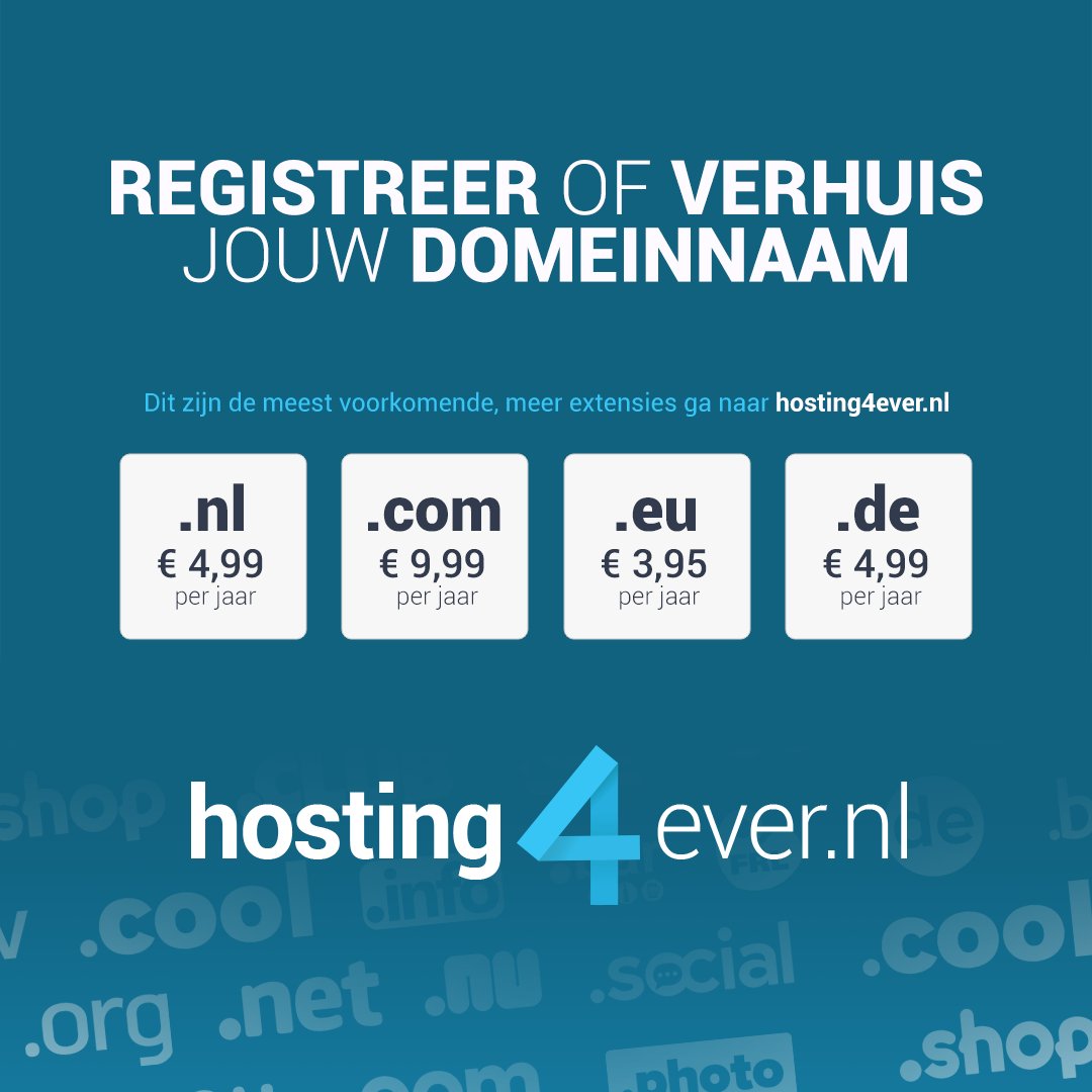 Hosting4ever's tweet photo. Registreer of verhuis jouw domeinnaam naar https://t.co/7hJ2NyIyZi Meer domeinnaam extensies, informatie of meteen registreren via: https://t.co/zt6CyOo6B3

#domeinnaam #domein #nldomeinnaam #registreer #domain #webdomein #domeinnaamregistratie https://t.co/qYbPc6UArT