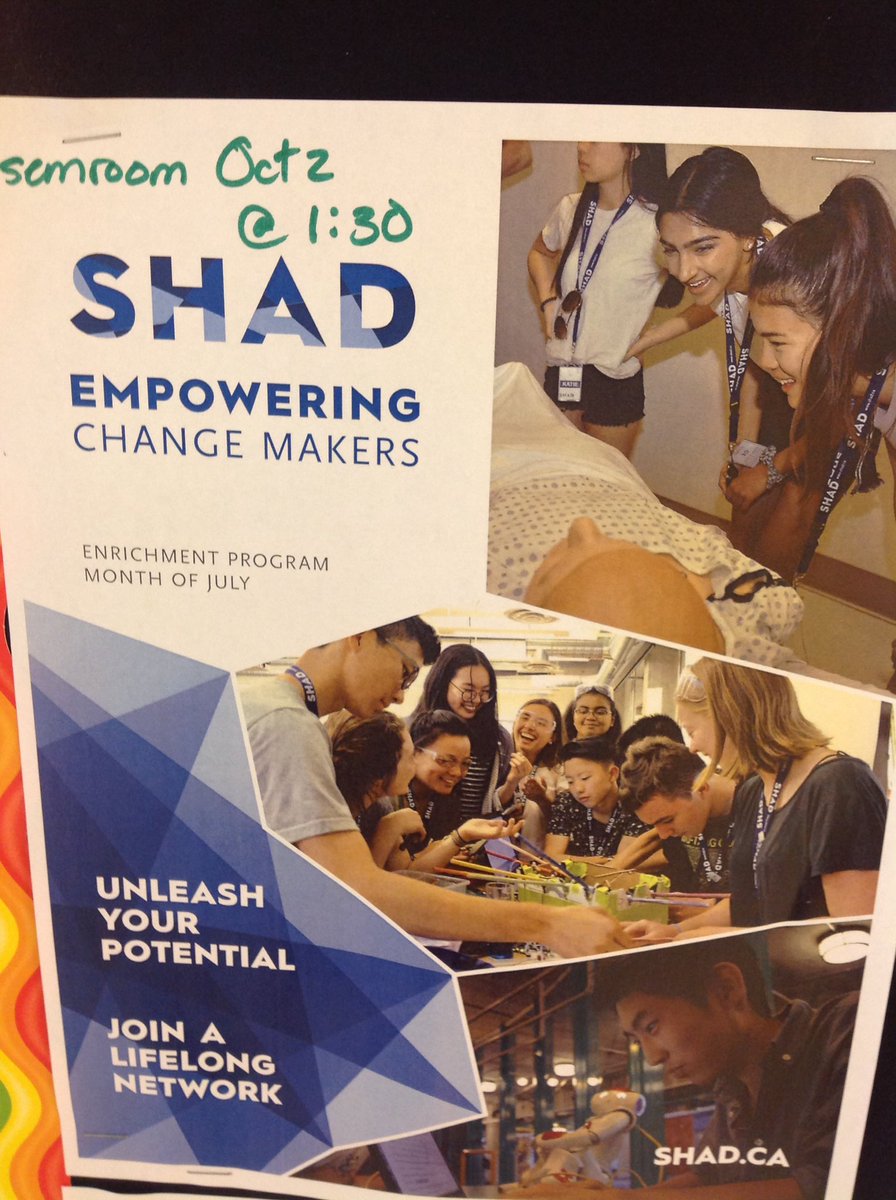 This is a competitive summer program. Info is in seminar room on Oct 2 at 1:30. You can be in grade 10,11 or 12 to apply.  STEAM and entrepreneurship <a href="/shhs_guidance1/">SHHS Guidance</a>