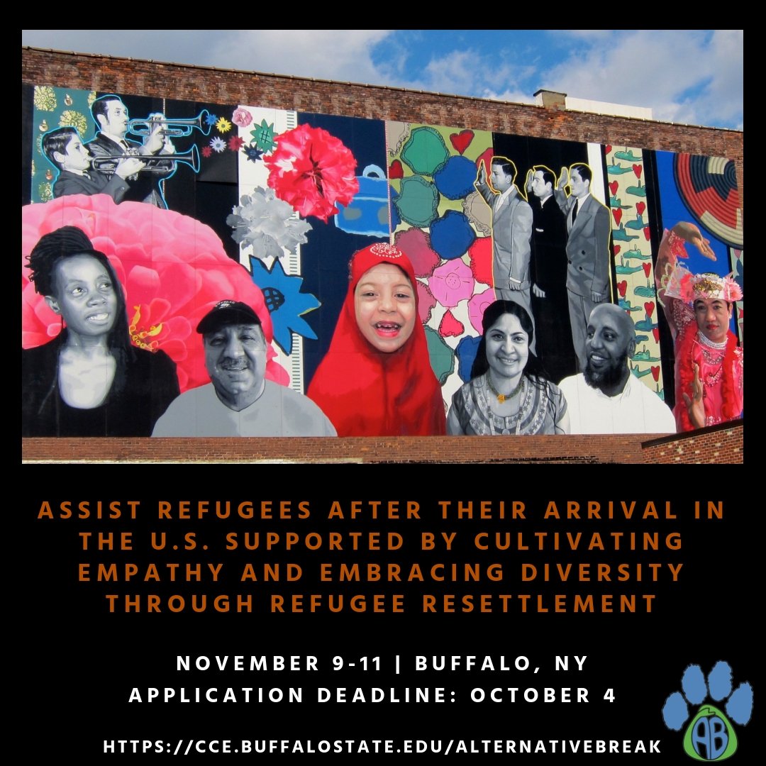 buffalostateAB's tweet photo. There's only 1 week left to submit your application for #buffalostate Alternative Fall Break: Cultivating Empathy and Embracing Diversity through Refugee Resettlement. Apply on our website by October 4 at 11:59PM! https://t.co/aHVsxVt5AO https://t.co/BJ0jNgxQC4