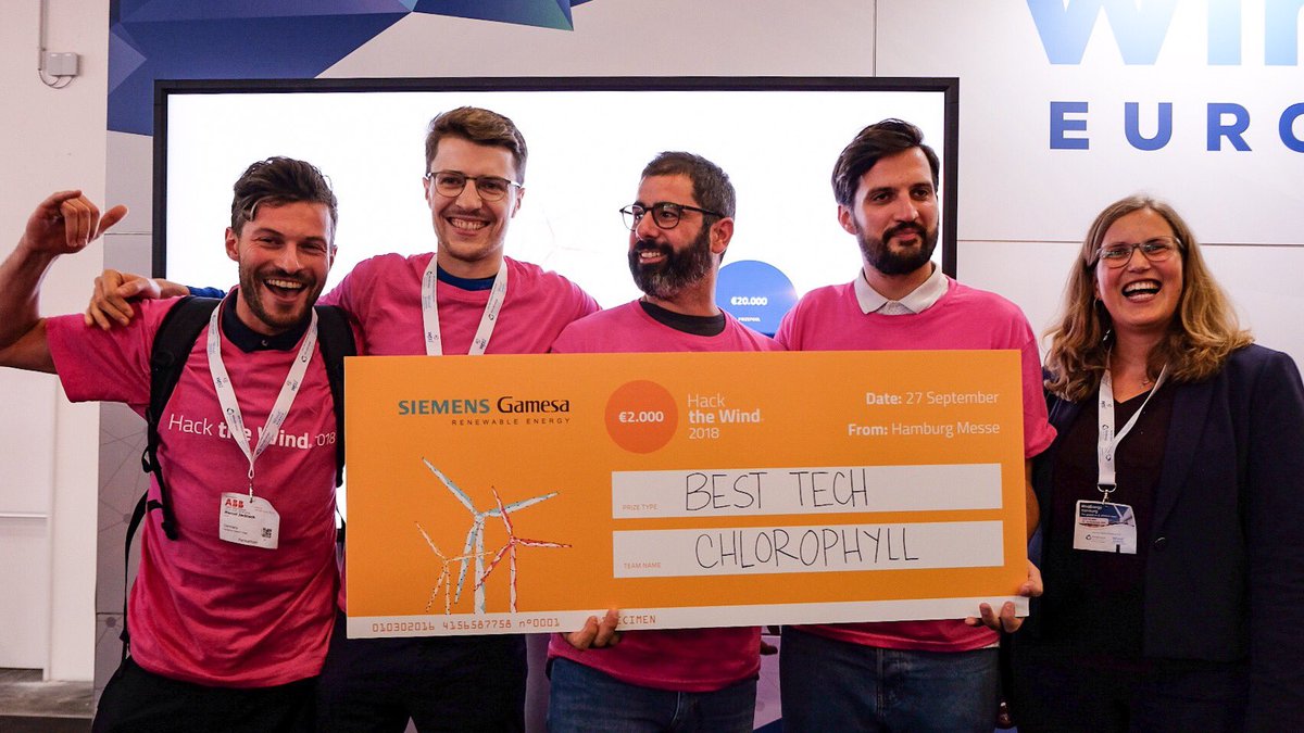SiemensGamesa's tweet photo. Congratulations! Team Chlorophyll and Power2U have won our #blockchain challenge at this year's #hackthewind hackathon. We’re impressed by your great ideas. Thanks to everyone who has spent the last days (and nights) hacking the wind. #GlobalWindSummit https://t.co/HYIH6LCCjs