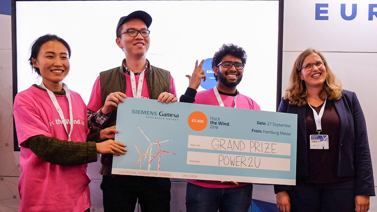 SiemensGamesa's tweet photo. Congratulations! Team Chlorophyll and Power2U have won our #blockchain challenge at this year's #hackthewind hackathon. We’re impressed by your great ideas. Thanks to everyone who has spent the last days (and nights) hacking the wind. #GlobalWindSummit https://t.co/HYIH6LCCjs