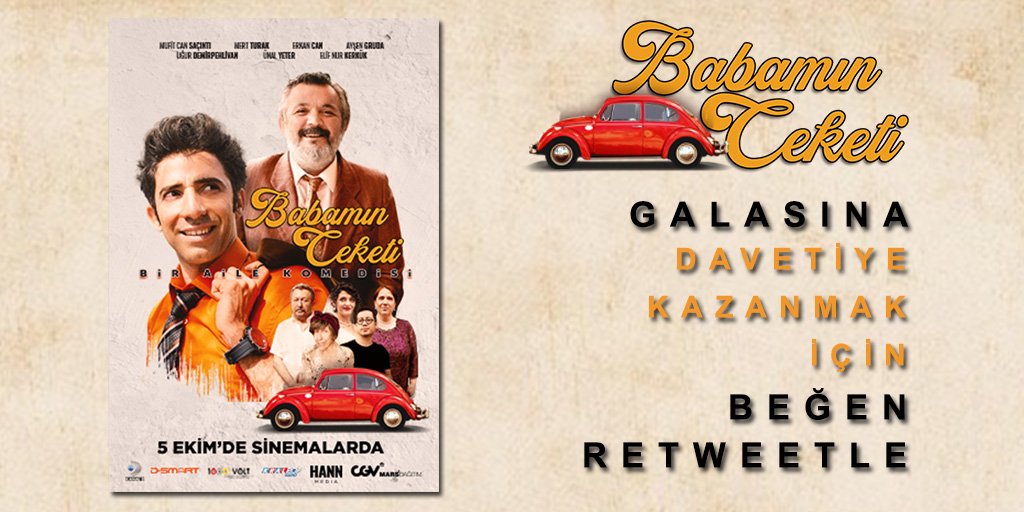 Bir aile komedisi olan "Babamın Ceketi"ni galasında izlemek  istiyorsan yarışmamıza katıl. Bu tweeti beğen ve retweetle davetiye kazanma şansı yakala! @Babaminceket #BabamınCeketi