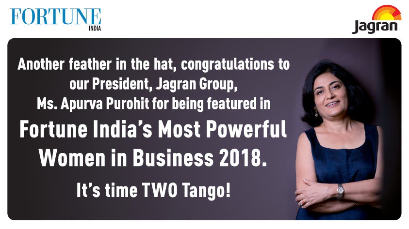 ‘Tis the time to cheer as we celebrate another great win ,our  President, Jagran Group, Ms. Apurva Purohit <a href="/apurva_purohit/">Apurva Purohit</a>  features in Fortune India’s Most Powerful Women in business 2018 list!