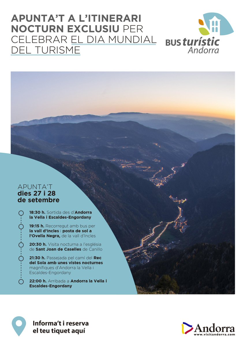 andorraworld_ad's tweet photo. Celebra el Dia Mundial del Turisme amb el Bus Nocturn EXCLUSIU els 27 i 28 de setembre per descobrir el patrimoni natural i cultural amb un recorregut nocturn i amb un guia titulat. ➡️ https://t.co/lqkVeEjNDE... #AndorraWorld #BusTuristicAnd WorldTourismDay https://t.co/ZHPpeU2SNO