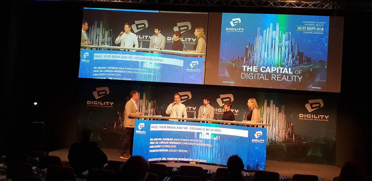 DigilityCGN's tweet photo. Panel of the giants on "VR and feeling is believing" with @TCTomm, @michagaebler, @Wingenter, Carolin Wienrich and @JanaKunze23. #DIGILITY18 https://t.co/TXvHJpn4YH