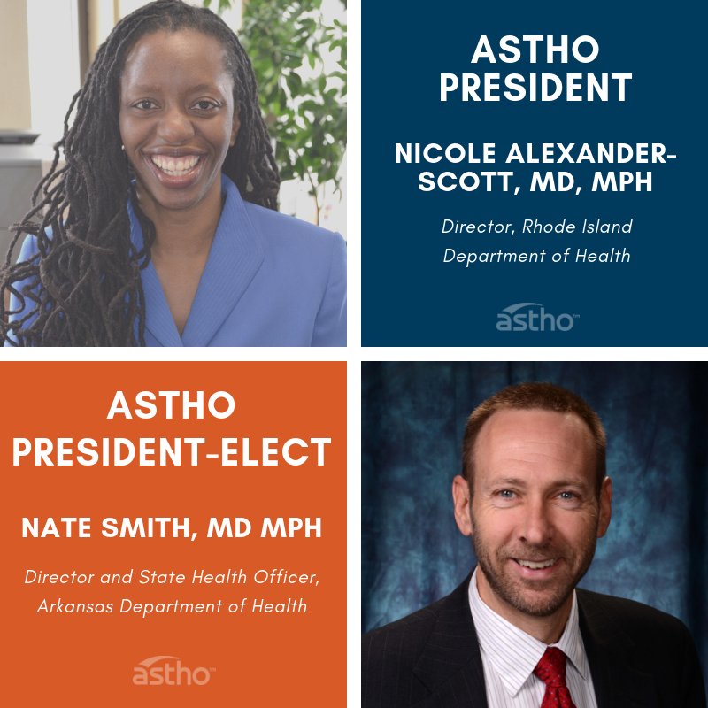 ASTHO's tweet photo. It’s official! Congratulations to ASTHO President Nicole Alexander-Scott (director, @RIHEALTH) and President-Elect Nate Smith (director &amp; state health officer, @ADHPIO). Read the announcement here: https://t.co/HCw6U5uD05 #ASTHO18 https://t.co/JavFvPzbdm