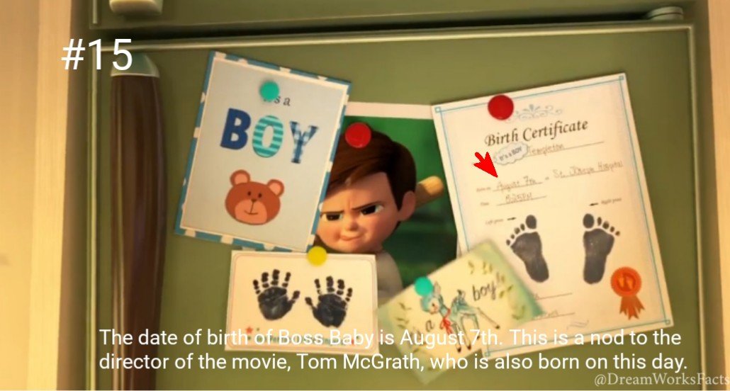 DreamWorksFacts's tweet photo. The date of birth of Boss Baby is August 7th. This is a nod to the director of the movie, Tom McGrath, who is also born on this day. #BossBaby #DWA #Funfacts #EasterEggs #TomMcGrath https://t.co/jgkrcPBOky
