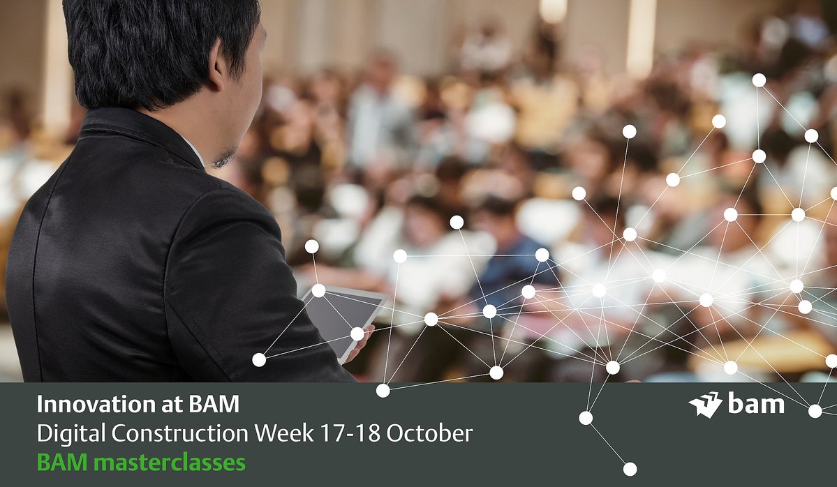 BAMGroup_EU's tweet photo. MT @BAMConstructUK This year BAM will be hosting a series of digital masterclass talks on our stand @DigiConWeek 17-18 October; find out more here #innovation at BAM #DCW2018
https://t.co/tmKkjM00xa https://t.co/hH0z9bTHvN