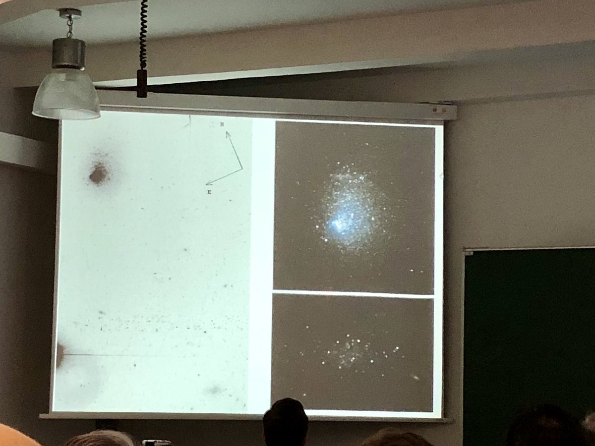 8minutesold's tweet photo. Makarova: Discovered a dwarf galaxy (upper left, Mv~-14 mag) with a smaller dwarf nearby (lower right, Mv~9.5 mag). Both have consistent distances of ~9 Mpc. That makes this a good candidate of a “satellite of a satellite/dwarf” galaxy. (Cc @coralrosew ;-) ) #CoSS18 https://t.co/H8ZmyeCt9r