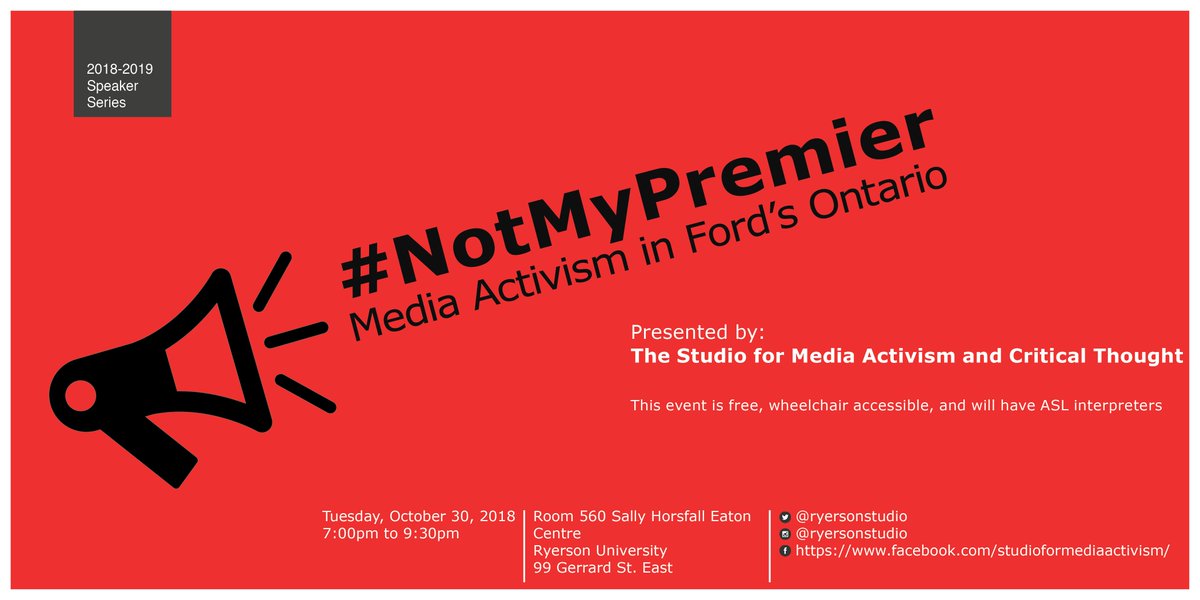 smact_tmu's tweet photo. Excited to announce the first of our 2018/2019 #DesigningDemocracy #SpeakerSeries. #NotMyPremier: an introductory workshop on media activism with invited speakers @DrCherylT and claude wittmann. Oct. 30, 2018 7-9:30pm, SHE 560. #ONpoli #TOpoli #resist https://t.co/9dCF6y5GMW https://t.co/bmBUcDeftu