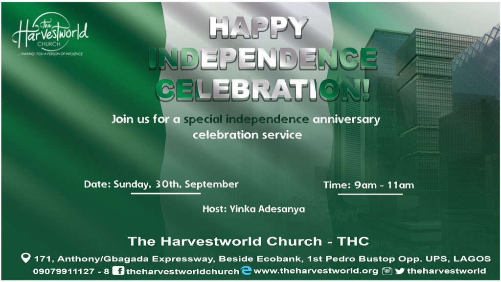 theharvestworld's tweet photo. Celebration of Nigeria's Greatness this sunday September 30th, as we thank God for the great future He is leading us into @theharvestworld- THC, 171, ANTHONY / GBAGADA Expressway, Beside Eco Bank. Opp UPS. Gbagada, Lagos. 09079911127/8 #TheFutureIsHere https://t.co/YJ0PQhGj1z