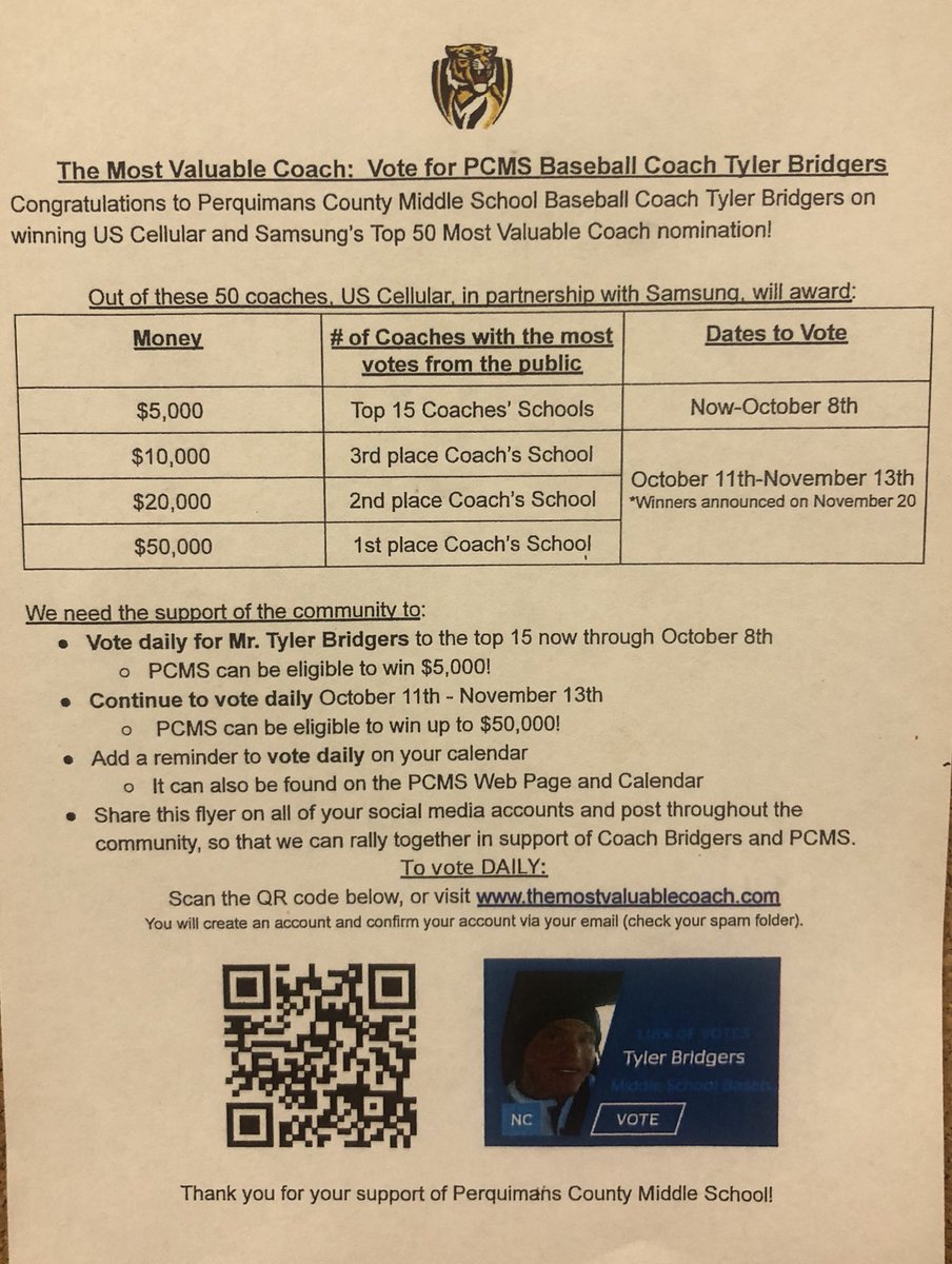 Vote daily:  Tyler Bridgers Most Valuable Coach &amp; help PCMS win $5000 🙂