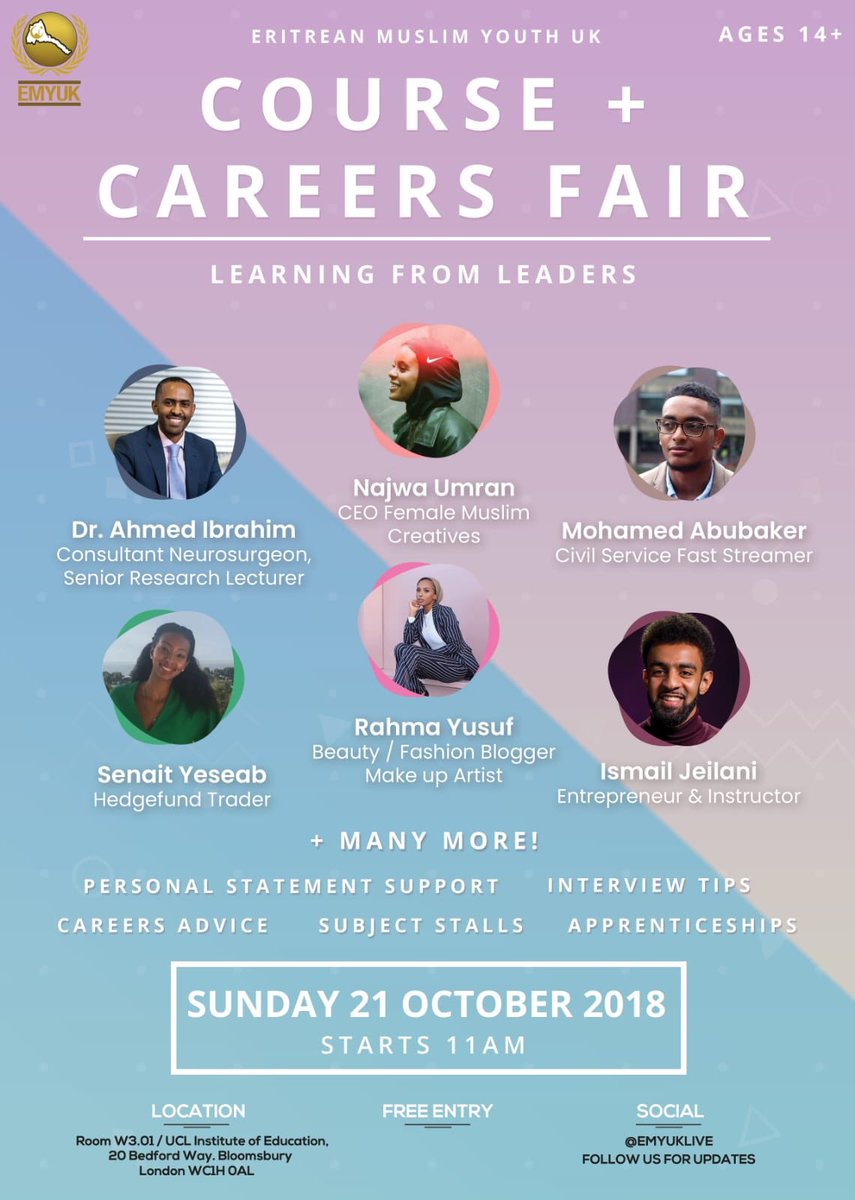 We are proud to present OUR FIRST EVER COURSE & CAREERS FAIR! We hope this benefits the youth and facilitates the growth of our community! 

Personal statement support • Careers advice • Subject stalls • Interview tips & MORE 
#eritreanexcellence  #learningfromleaders🇪🇷✨