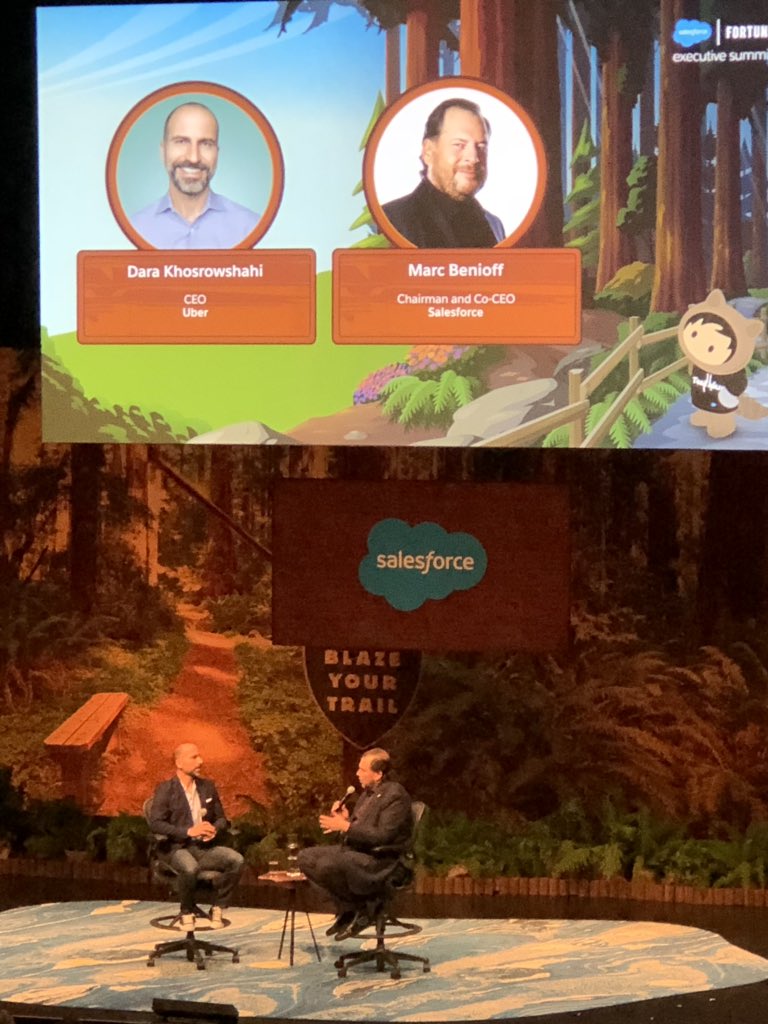 msuda's tweet image. Fireside chat with Dara Khosrowshahi, Uber’s CEO and Mark Benioff (Salesforce co-CEO) #DF18