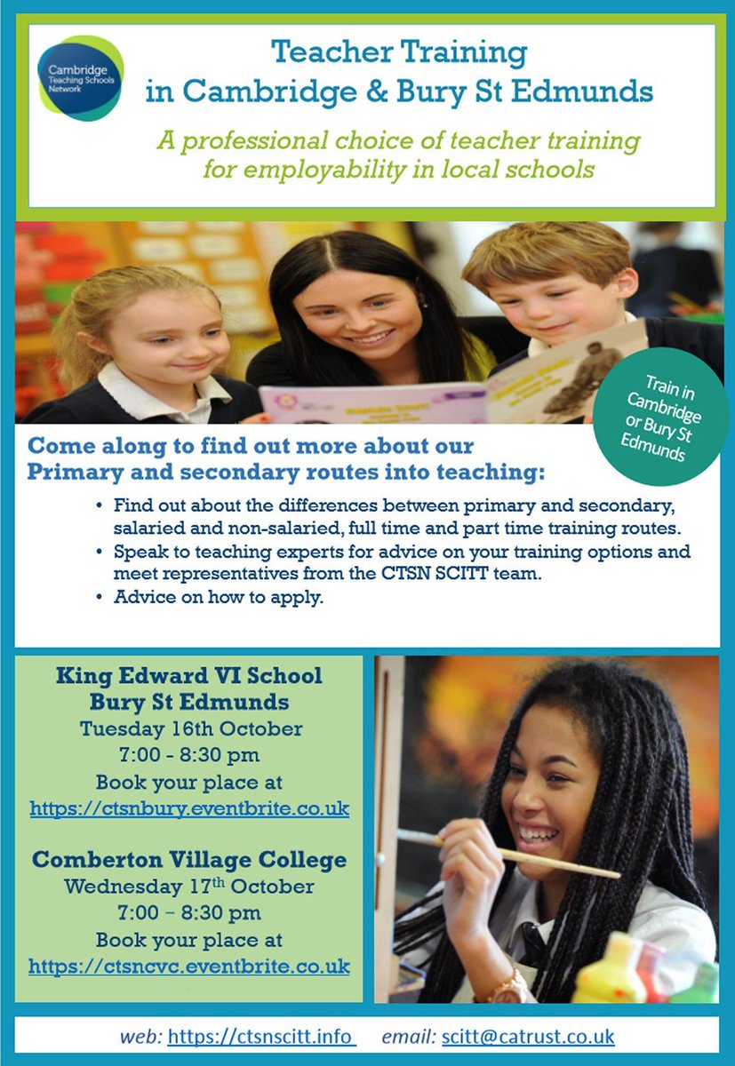 CamTSNet's tweet photo. Book your place at one of our new teacher training events at Comberton Village College or our brand new training hub at King Edward VI School, Bury St Edmunds @KingEdVISchool #getintoteaching https://t.co/Ajji7Titau