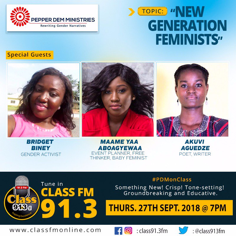 PepperDemMin's tweet photo. Tune in to @Class913fm and listen to the experiences of young generation Feminists.

#PepperDemMinistries 
#PDMonClass https://t.co/iHX4Rz3NcR