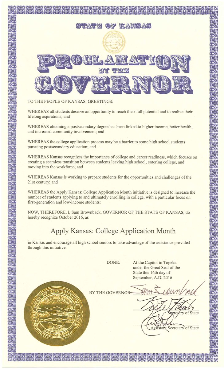 ApplyKS's tweet photo. 2 years ago, this month, the Governor of Kansas proclaimed October to be Apply Kansas: College Application Month! The festivities begin Monday! Are you ready Kansas?? #applyks #governorsproclamation #tbt https://t.co/ol3JCnGwf2