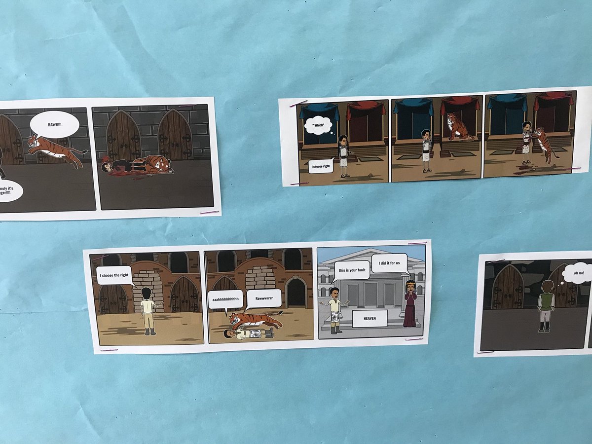 SWMS_Ms_Johnson's tweet photo. Students in 8th grade read “Lady or the Tiger” and used Storyboard That to create an ending...after writing a MEL-Con of course 😁 #esd20learns https://t.co/amJbzkoRI1