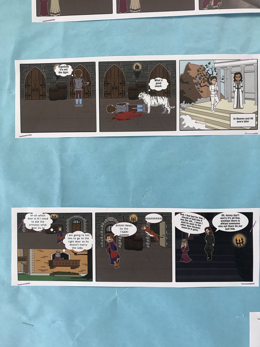 SWMS_Ms_Johnson's tweet photo. Students in 8th grade read “Lady or the Tiger” and used Storyboard That to create an ending...after writing a MEL-Con of course 😁 #esd20learns https://t.co/amJbzkoRI1