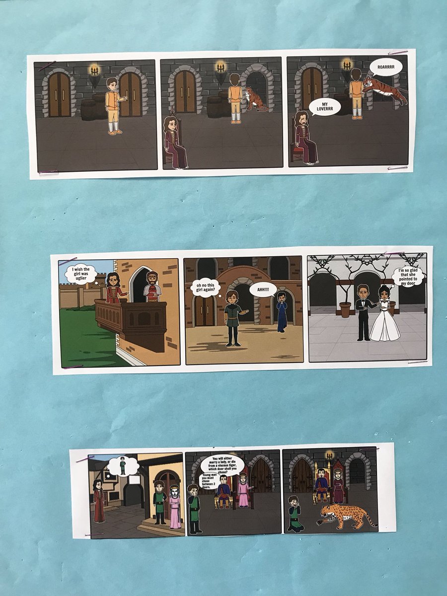 SWMS_Ms_Johnson's tweet photo. Students in 8th grade read “Lady or the Tiger” and used Storyboard That to create an ending...after writing a MEL-Con of course 😁 #esd20learns https://t.co/amJbzkoRI1